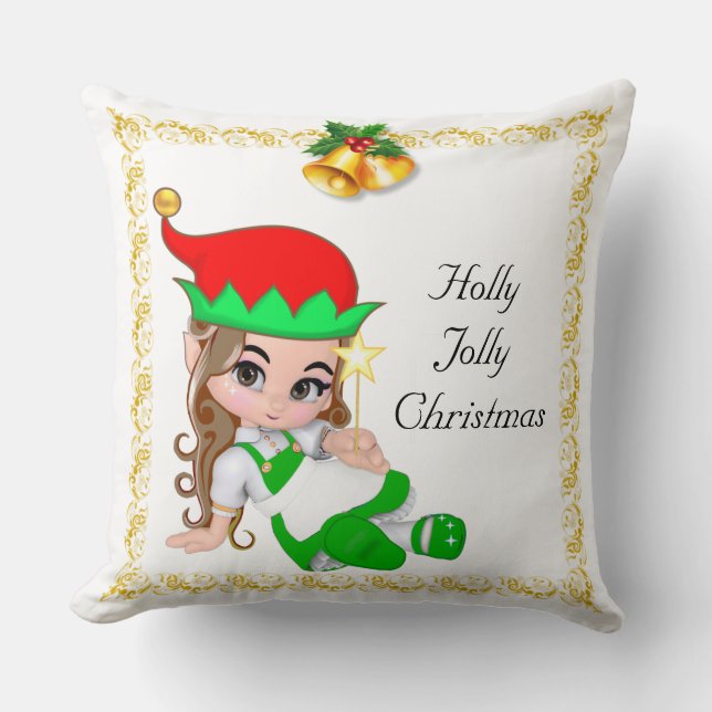 Christmas Fairy Dressed in Green & Golden Bells Throw Pillow (Front)