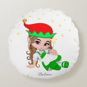 Christmas Fairy Dressed in Green & Stars Round Pillow