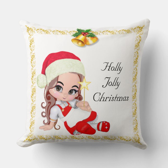 Christmas Fairy Dressed in Red & Golden Bells Throw Pillow (Front)