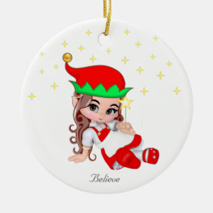 Christmas Fairy Dressed in Red & Stars Ceramic Ornament