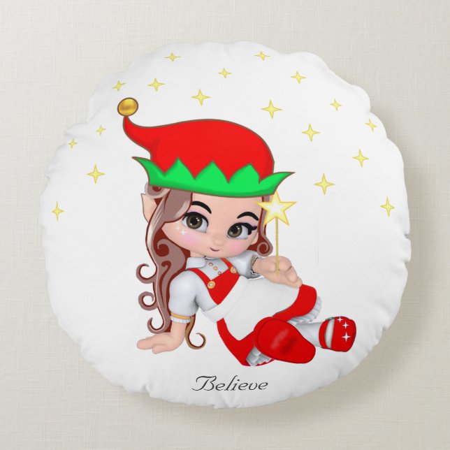 Christmas Fairy Dressed in Red & Stars Round Pillow (Front)