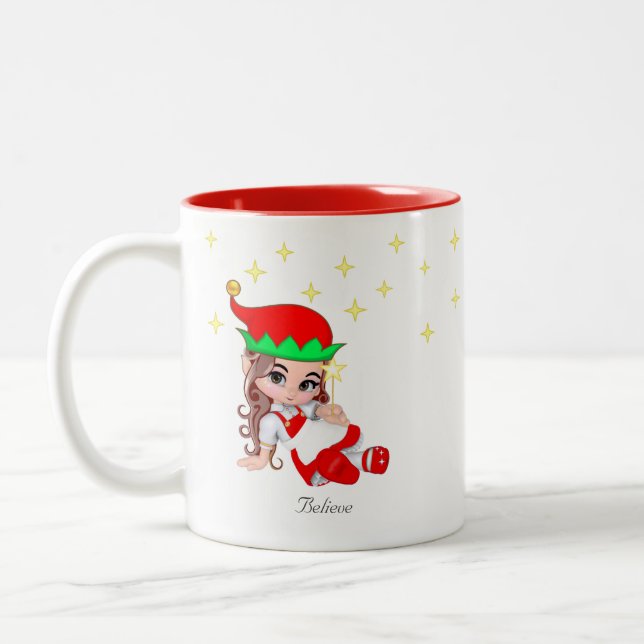 Christmas Fairy Dressed in Red & Stars Two-Tone Coffee Mug (Left)