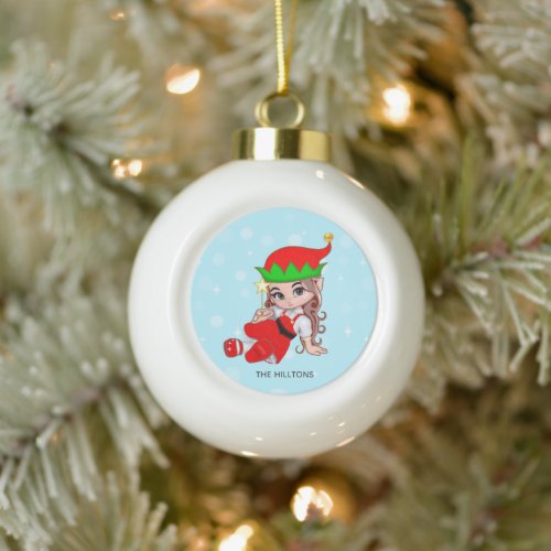 Christmas Fairy Elf Holding a Star Ceramic Ball Christmas Ornament