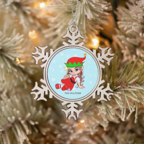 Christmas Fairy Elf Holding a Star Snowflake Pewter Christmas Ornament