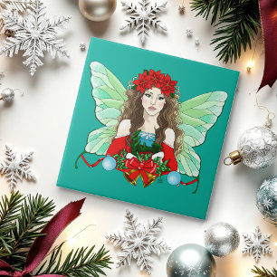 Christmas Fairy Fantasy Holly Bells Poinsettias Ceramic Tile