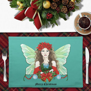 Christmas Fairy Fantasy Holly Bells Poinsettias Cloth Placemat