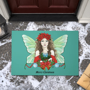 Christmas Fairy Fantasy Holly Bells Poinsettias Doormat