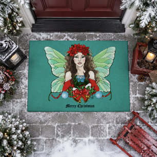 Christmas Fairy Fantasy Holly Bells Poinsettias   Doormat