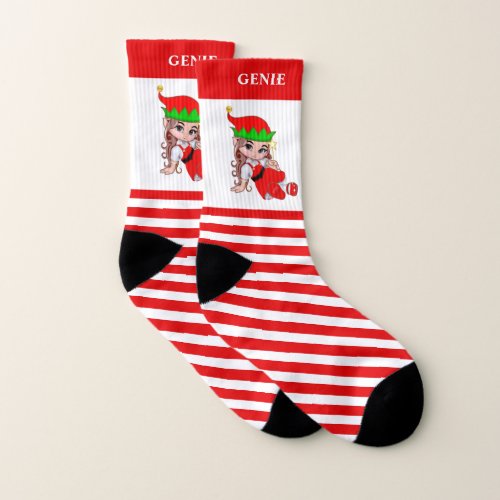 Christmas fairy genie on red white striped socks