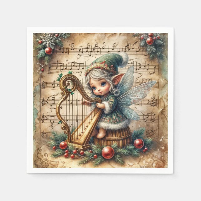 Christmas Fairy Playing a Harp Napkins (Front)