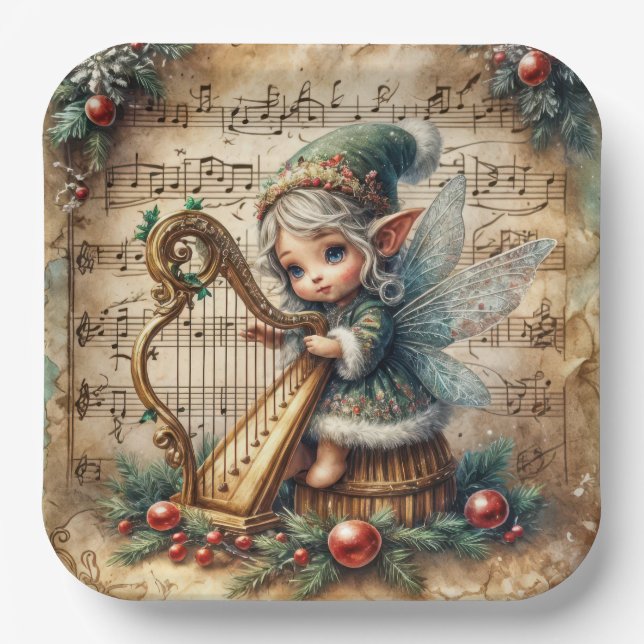 Christmas Fairy Playing a Harp Paper Plates (Front)