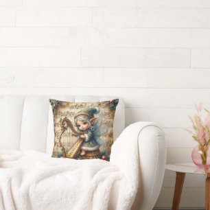 Christmas Fairy Playing a Harp Throw Pillow