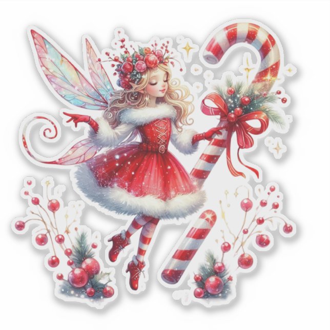 Christmas Fairy Red White Candy Cane Sticker (Front)