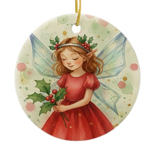 Christmas Fairy Watercolor Art Ceramic Ornament