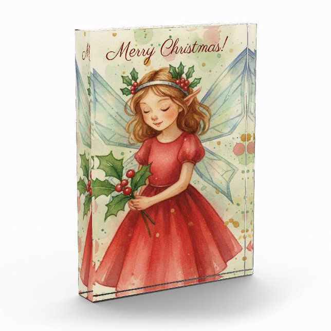 Christmas Fairy Watercolor Art Holiday Photo Block (Left)
