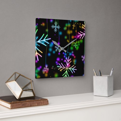 Christmas falling rainbow colored snowflakes Slipp Square Wall Clock