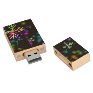 Christmas falling various neon colors snowflakes S Wood Flash Drive
