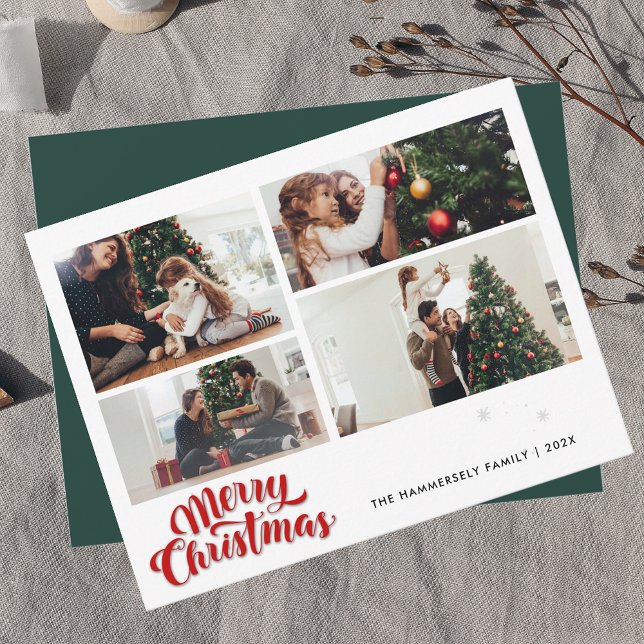 Christmas Family 4 Photos Festive Note Card (Christmas Family Photo Collage Greetings Card)