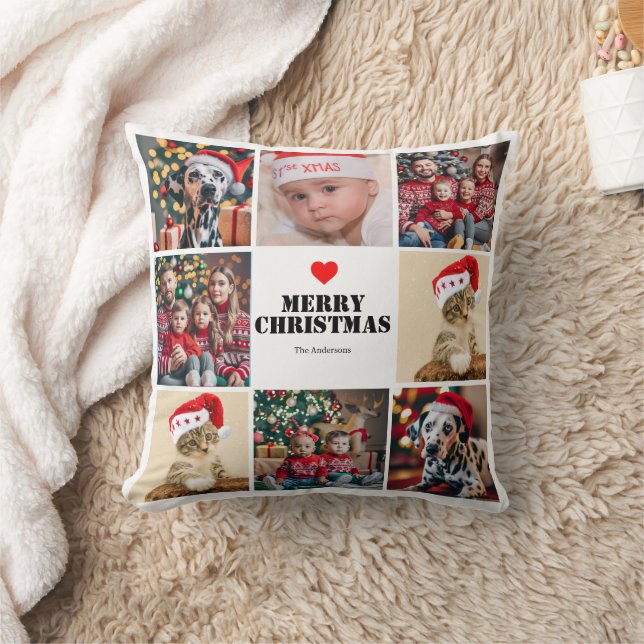 Christmas Family 8 Photo Collage Throw Pillow (Blanket)