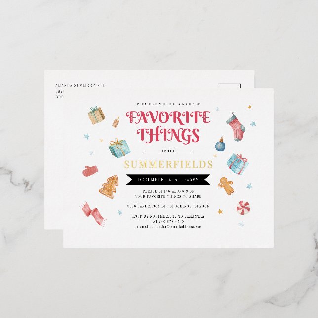 Christmas Family Annual Favorite Things Gold Foil Holiday Postcard (Front/Back)