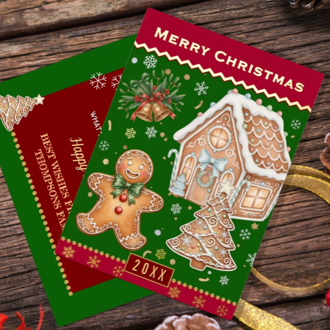 Christmas Family Card, Gingerbread Man, Red /Green Foil Holiday Card (Traditional Christmas Card / Gingerbread / Real Foil)