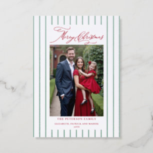 Christmas Family Classic Stripes Duo Green Red Letterpress Photo Cards