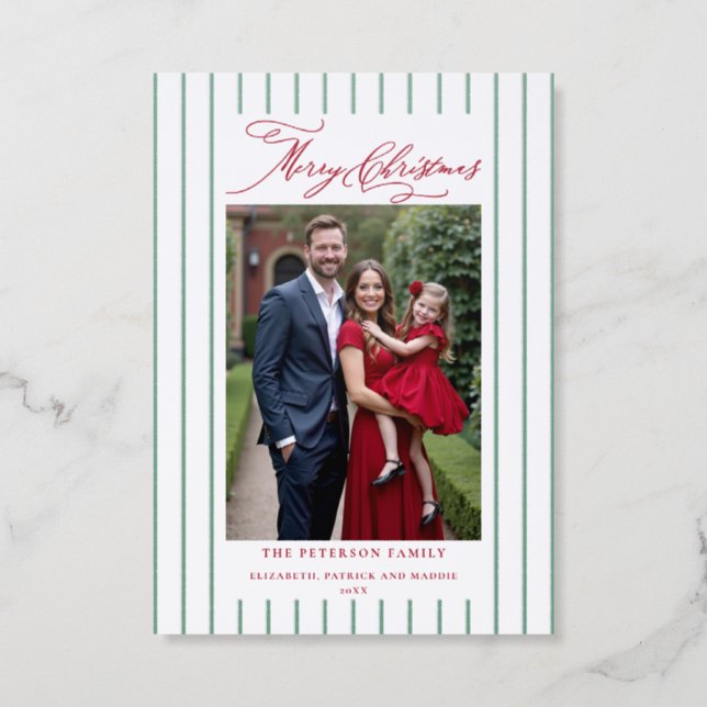 Christmas Family Classic Stripes Duo Green Red Letterpress Photo Cards (Front)
