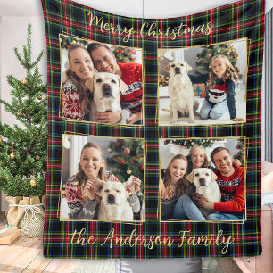 Christmas Family Custom 4 Photos Holiday Plaid Fleece Blanket