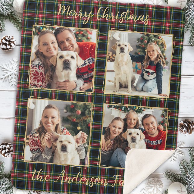 Christmas Family Custom 4 Photos Holiday Plaid  Sherpa Blanket (Creator Uploaded)