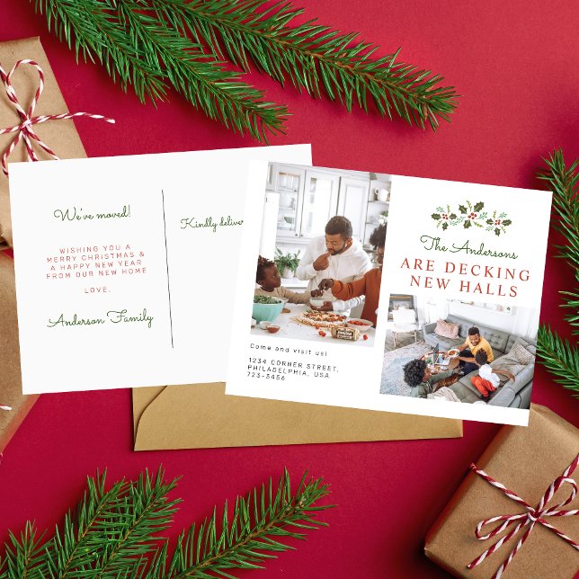Christmas Family Decking New Halls Photo Moving Announcement Postcard (Creator Uploaded)