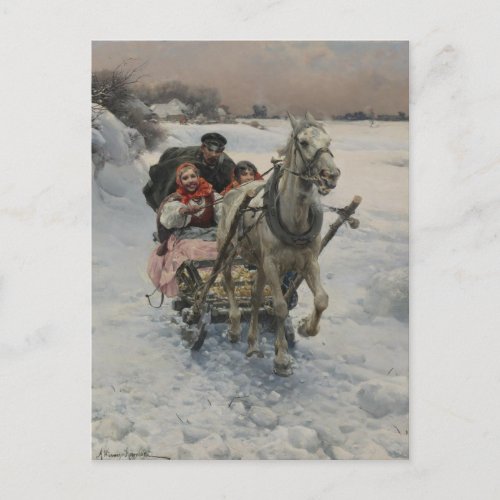 Christmas Family in One Horse Sleigh Holiday Postcard