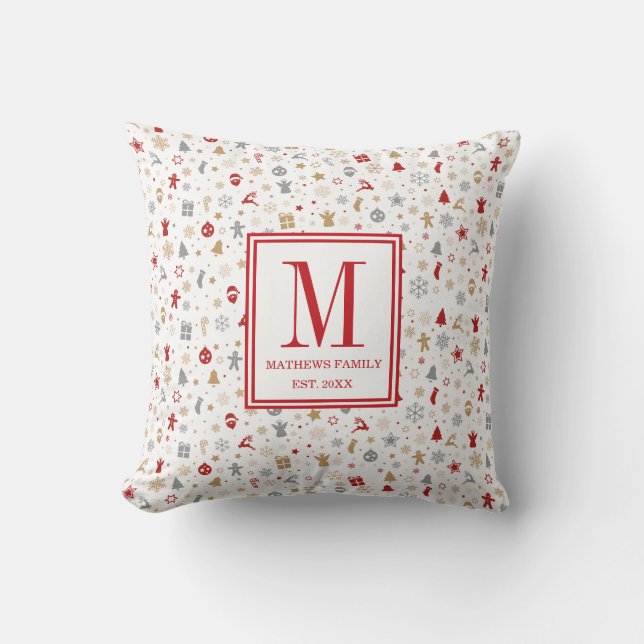 Christmas Family Initial Monogram Throw Pillow (Front)