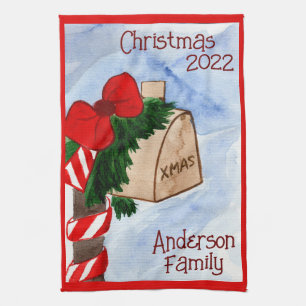 Christmas Family Mailbox Candy Cane Greenery Kitchen Towel