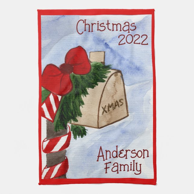 Christmas Family Mailbox Candy Cane Greenery Kitchen Towel (Vertical)
