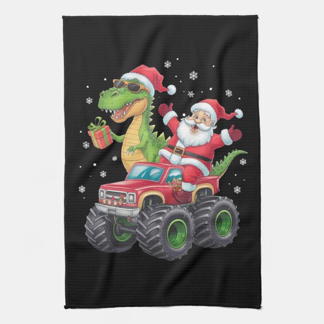 Christmas Family Matching Santa Truck Dinosaur  Kitchen Towel (Vertical)