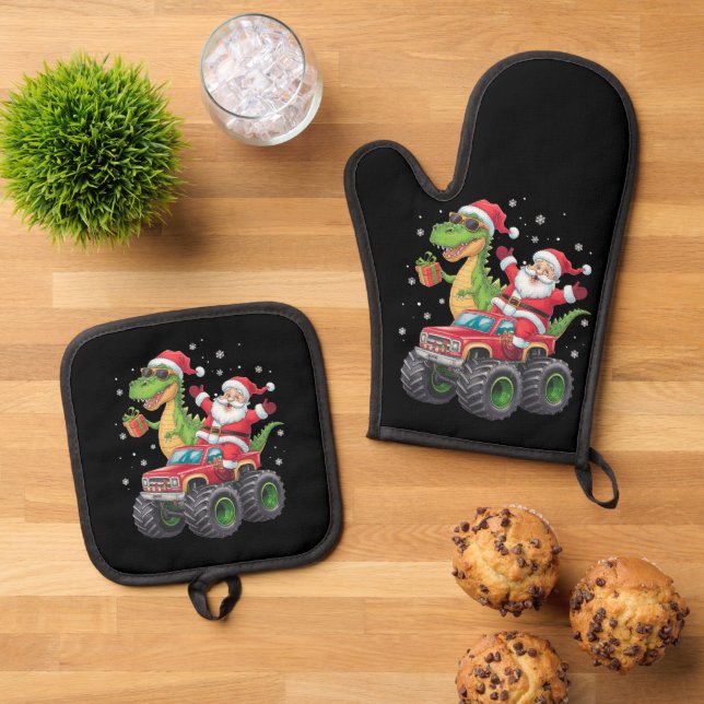 Christmas Family Matching Santa Truck Dinosaur  Oven Mitt & Pot Holder Set (Top Down)