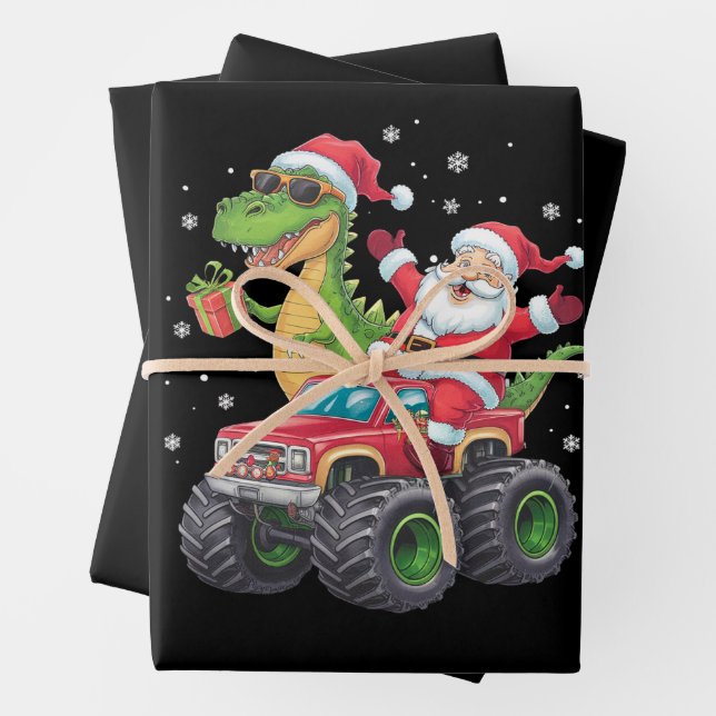Christmas Family Matching Santa Truck Dinosaur  Wrapping Paper Sheets (In situ)