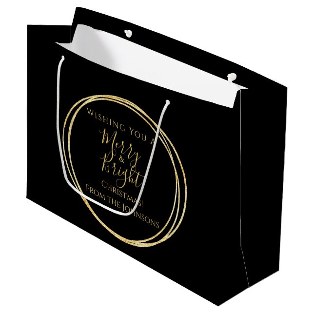 Christmas Family Merry and Bright Black Gold Large Gift Bag (Front Angled)