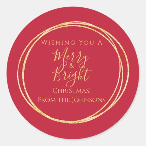 Christmas Family Merry and Bright Red Gold Classic Round Sticker