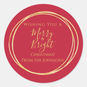 Christmas Family Merry and Bright Red Gold Classic Round Sticker