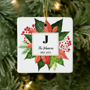 Christmas Family Monogram Photo Double Sided Ceramic Ornament
