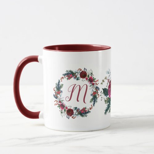 Christmas family monogram seasonal floral wreath mug