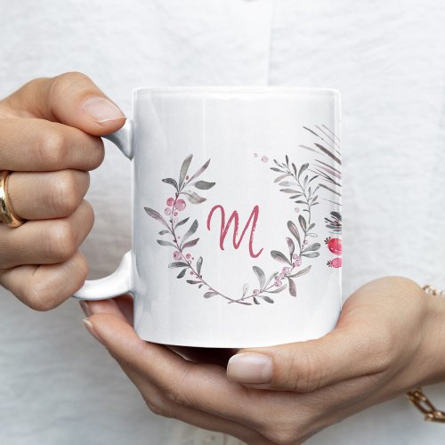 Christmas family monogram watercolor poinsettia coffee mug