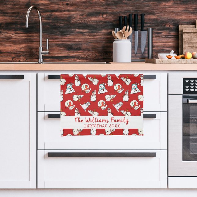 Christmas Family Name And Year | Snowman Red 2026 Kitchen Towel (Kitchen)