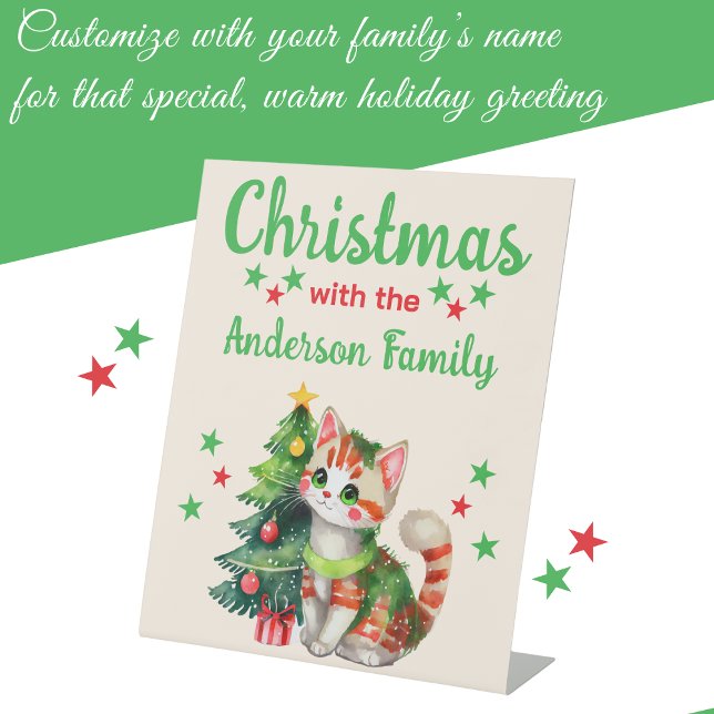 Christmas family name cat and tree red green pedestal sign (Creator Uploaded)