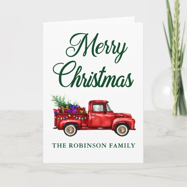 Christmas Family Name Classic Red Truck Tree Gifts Card (Front)