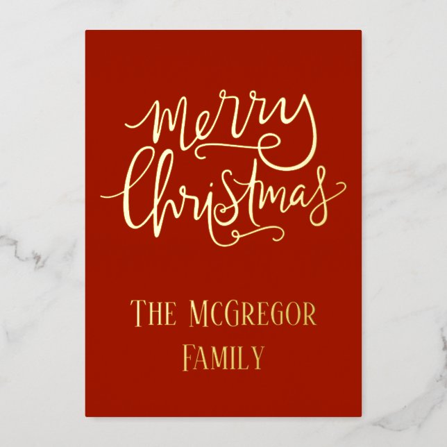 Christmas Family Name Gold Red Foil Holiday Card (Front)