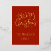 Christmas Family Name Gold Red Foil Holiday Card (Standing Front)