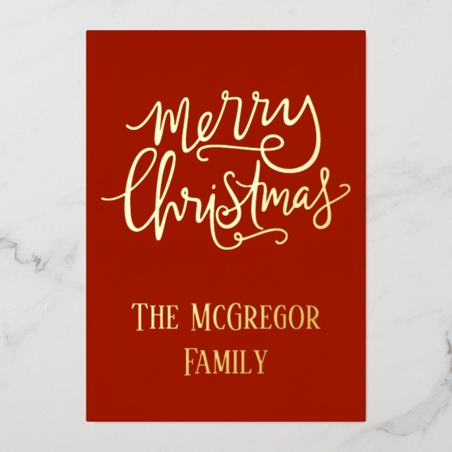 Christmas Family Name Gold Red Foil Holiday Card (Front)