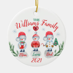 Christmas family name kids Snowman watercolor Ceramic Ornament